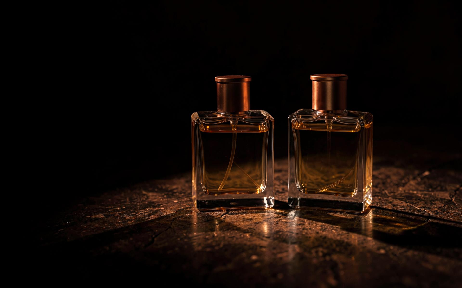 Unlabelled glass fragrance bottles on dark stone